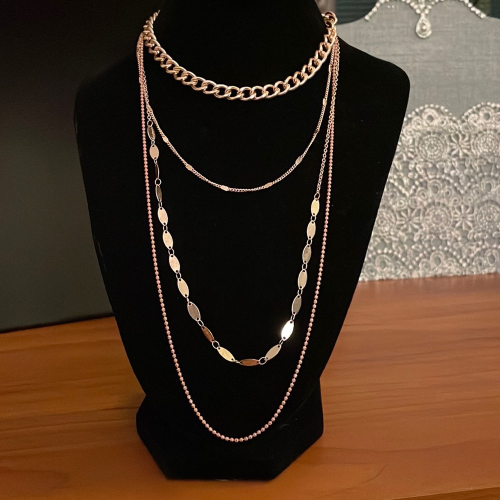 Rose Gold Layered 4-Chain Necklace, Unsigned